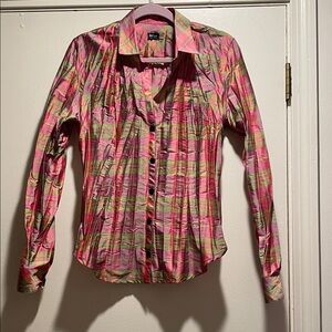 Chic Pink and Green Plaid Button Down Shirt